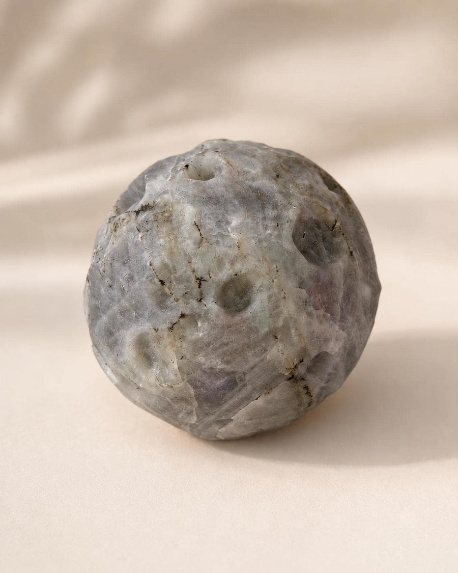 Polished Labradorite moon carving with natural grey patterning – exact piece