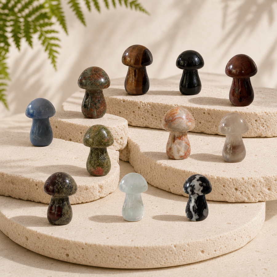Assorted polished crystal mushroom carvings displayed on warm ivory stone platforms