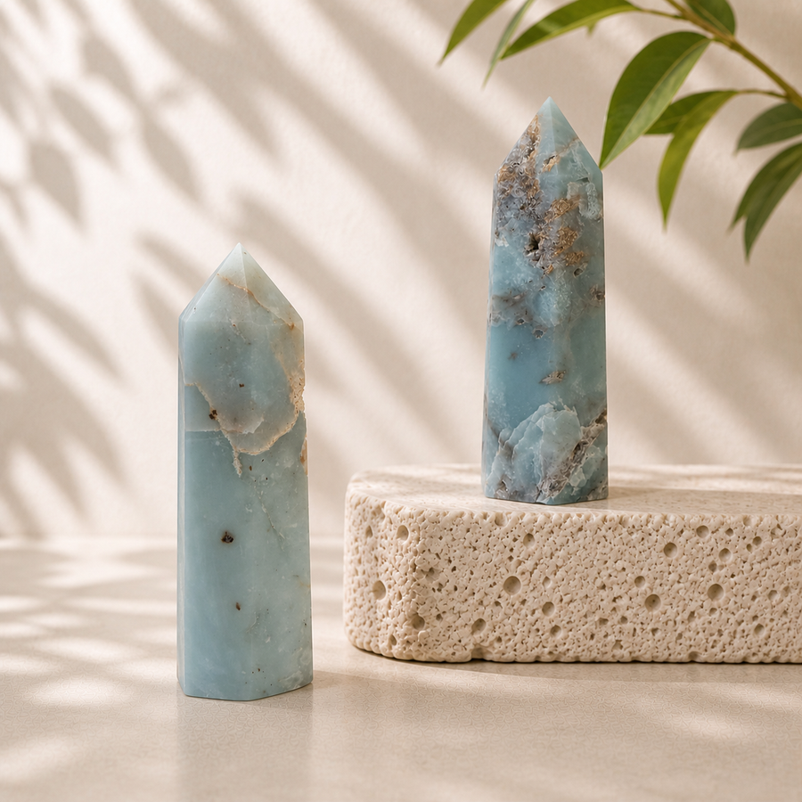 Two exact Blue Peruvian Opal tower variants, BH and BJ, displayed together in warm natural light