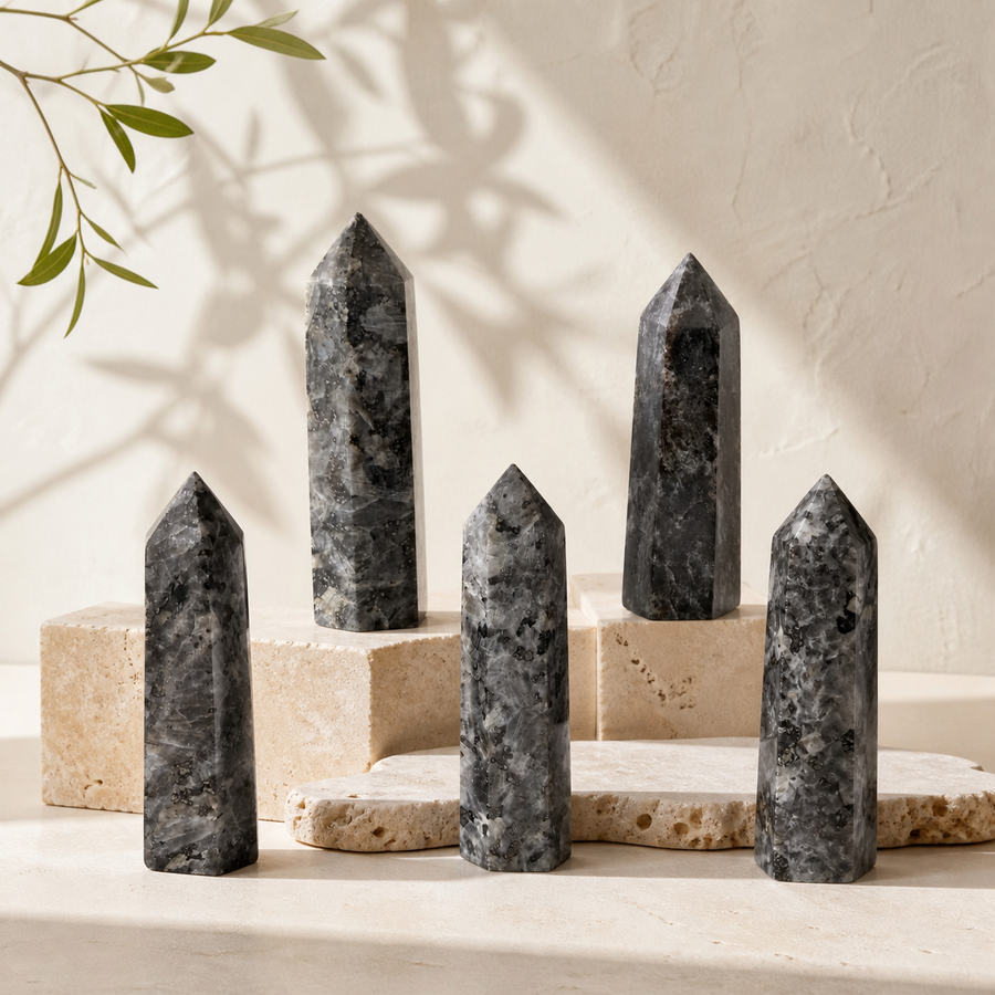 Polished Larvikite towers arranged on warm stone platforms in natural light