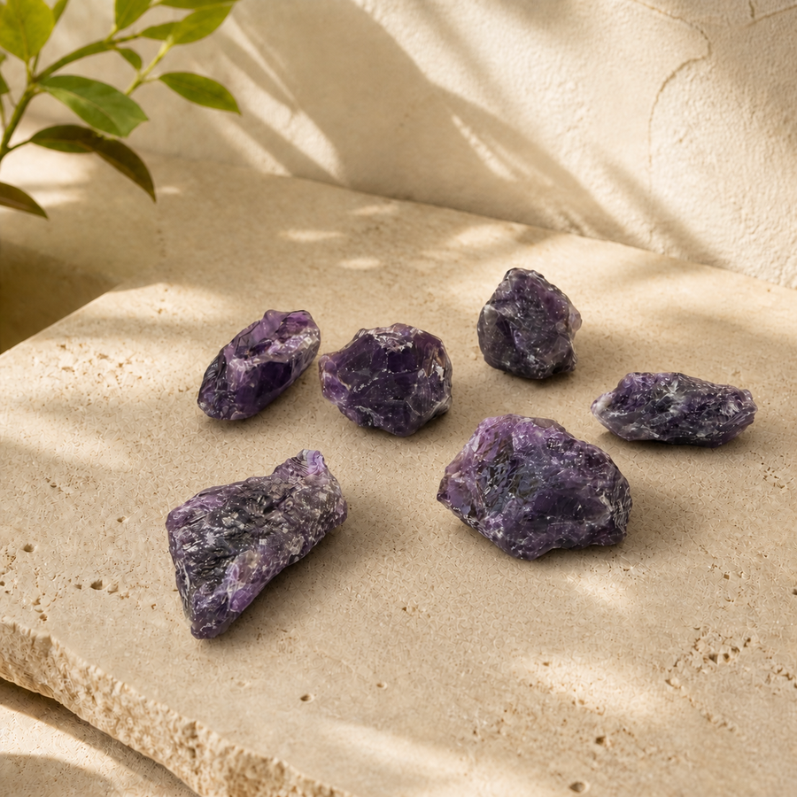 Raw amethyst pieces arranged on a pale stone slab in natural light