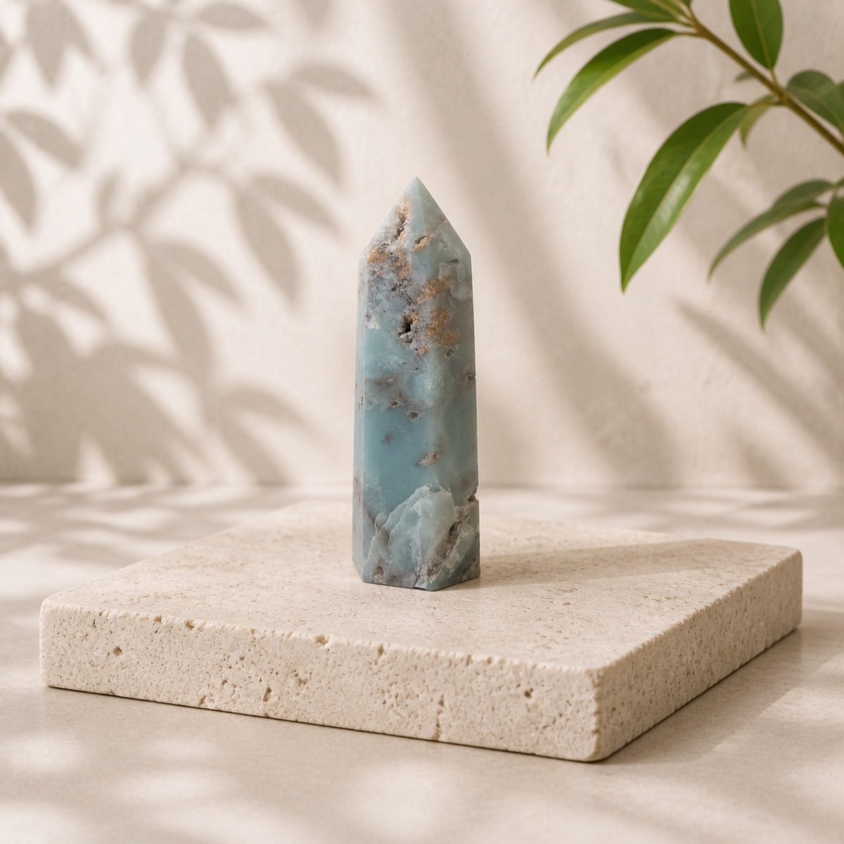 Exact Blue Peruvian Opal crystal tower variant BH displayed on a limestone slab