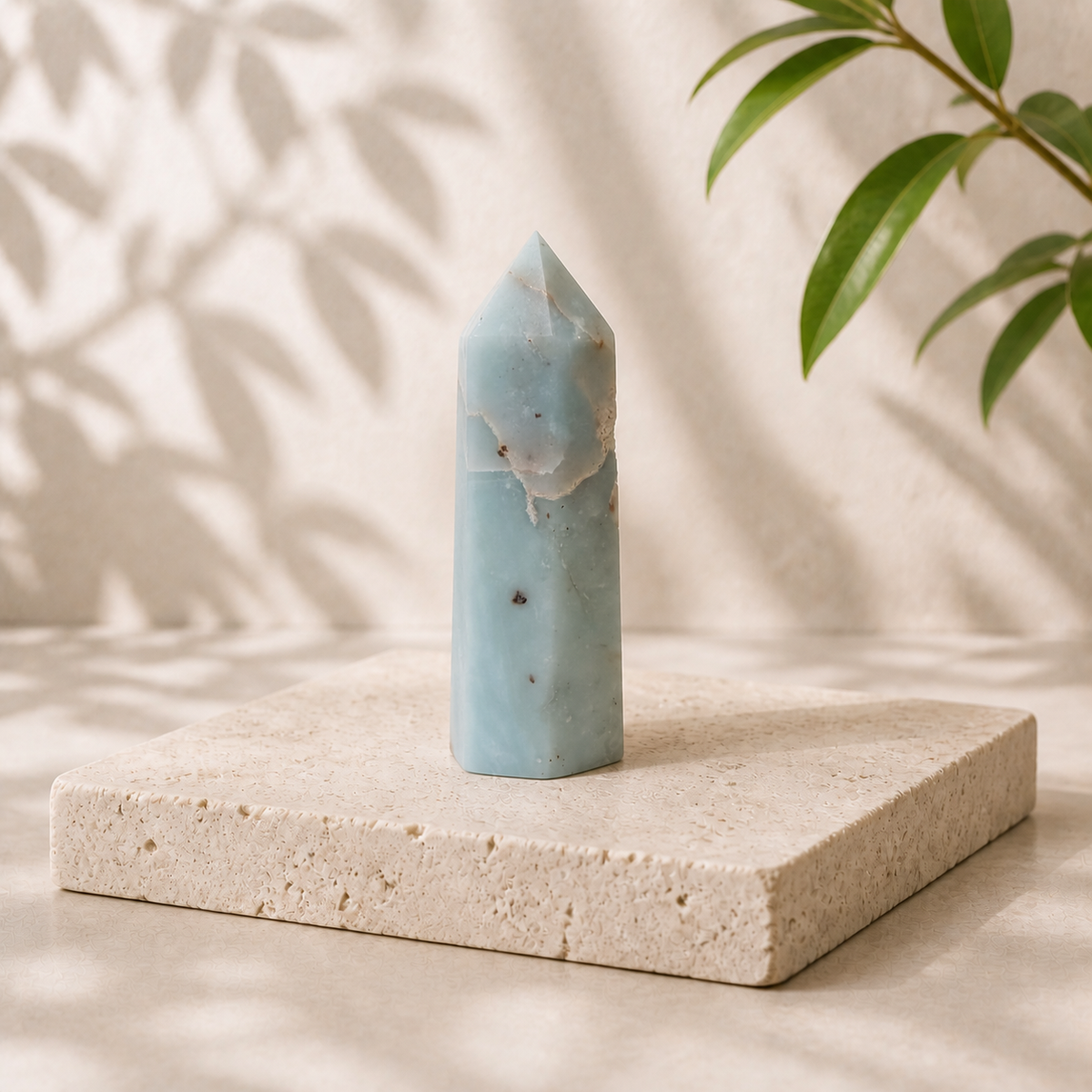 Exact Blue Peruvian Opal crystal tower variant BJ displayed on a limestone slab