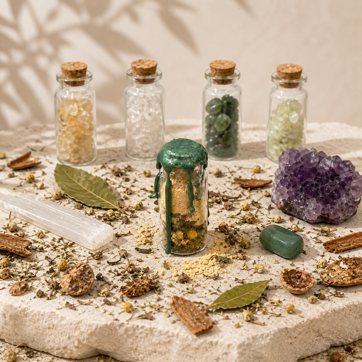 Green wax custom intention spell jar with crystals and dried botanicals