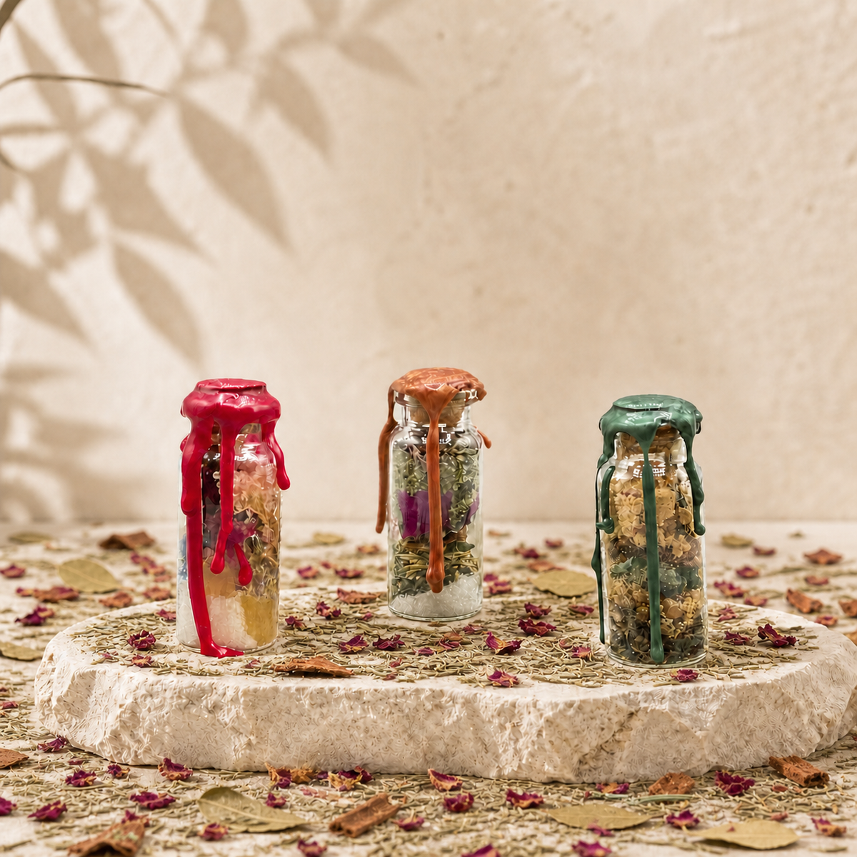 Three custom intention spell jars with dried botanicals on limestone