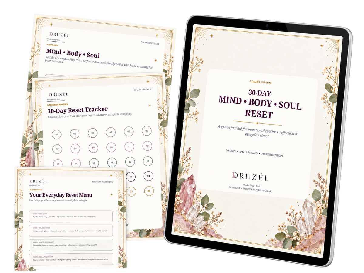 Druzél 30-Day Mind Body Soul Reset displayed on an iPad alongside journal sample pages