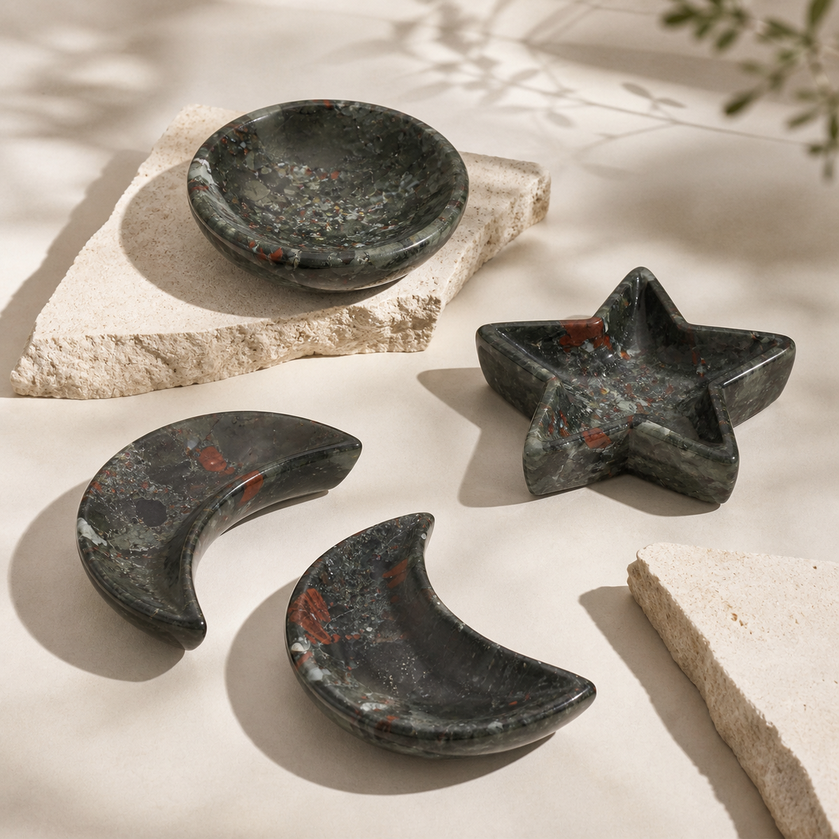 African Bloodstone moon, star and rounded bowls in natural light