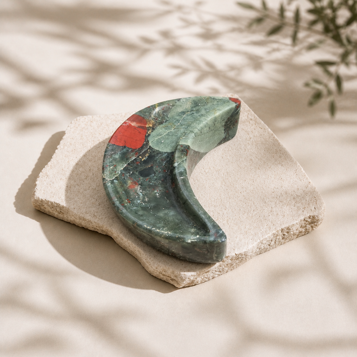 African Bloodstone crescent moon bowl with sage green and red markings