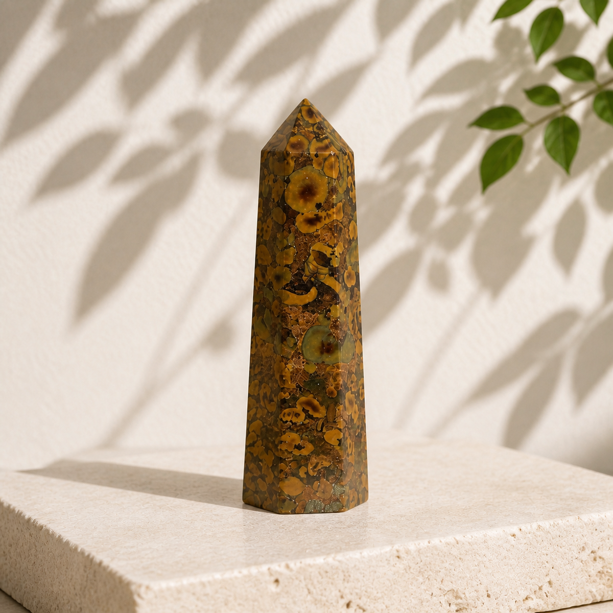 Single polished Ajooba Jasper crystal point in natural light