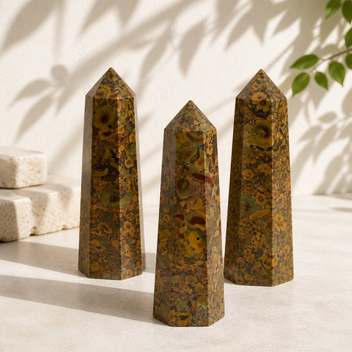 Close-up of three polished Ajooba Jasper crystal points