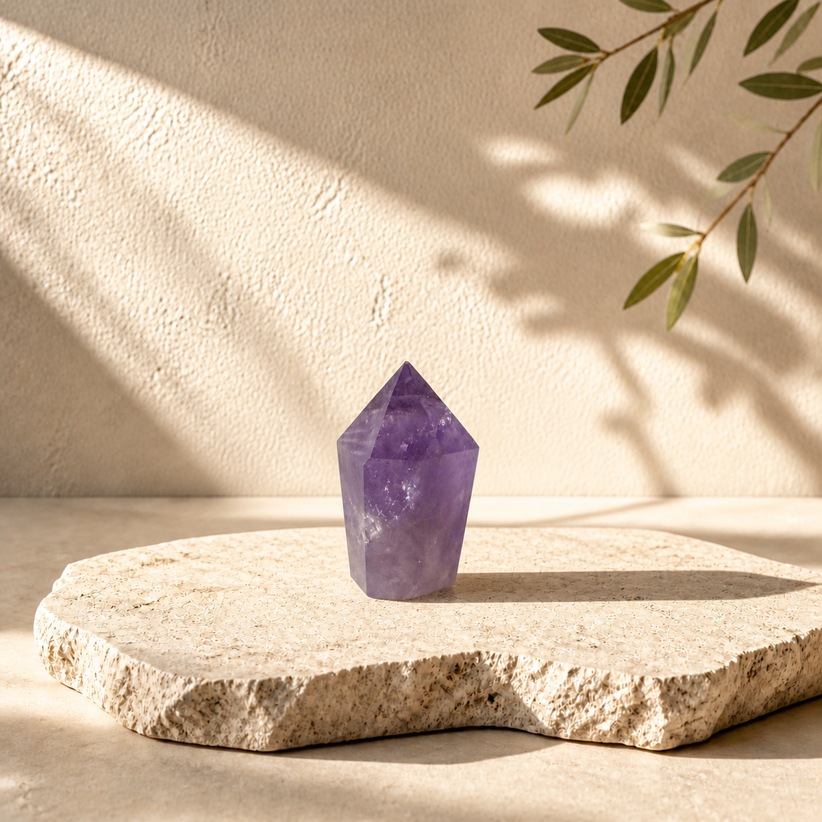 Exact Amethyst crystal point AMR displayed on limestone