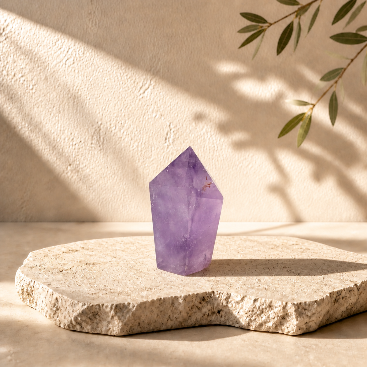Exact Amethyst crystal point AMS displayed on limestone