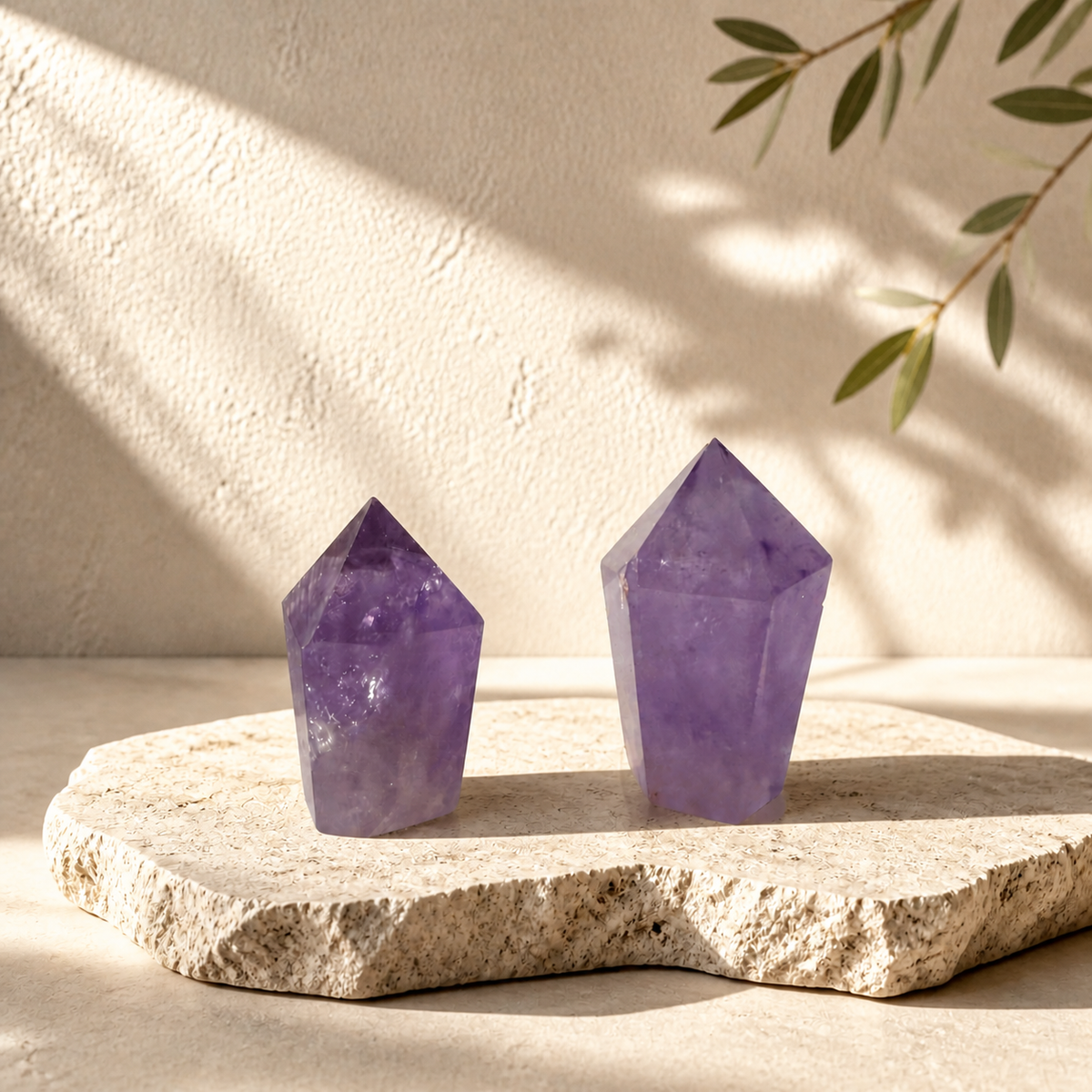 Two polished Amethyst crystal points displayed in natural sunlight