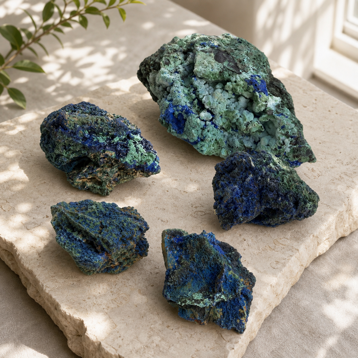 Azurite and Malachite mineral specimens photographed in natural light