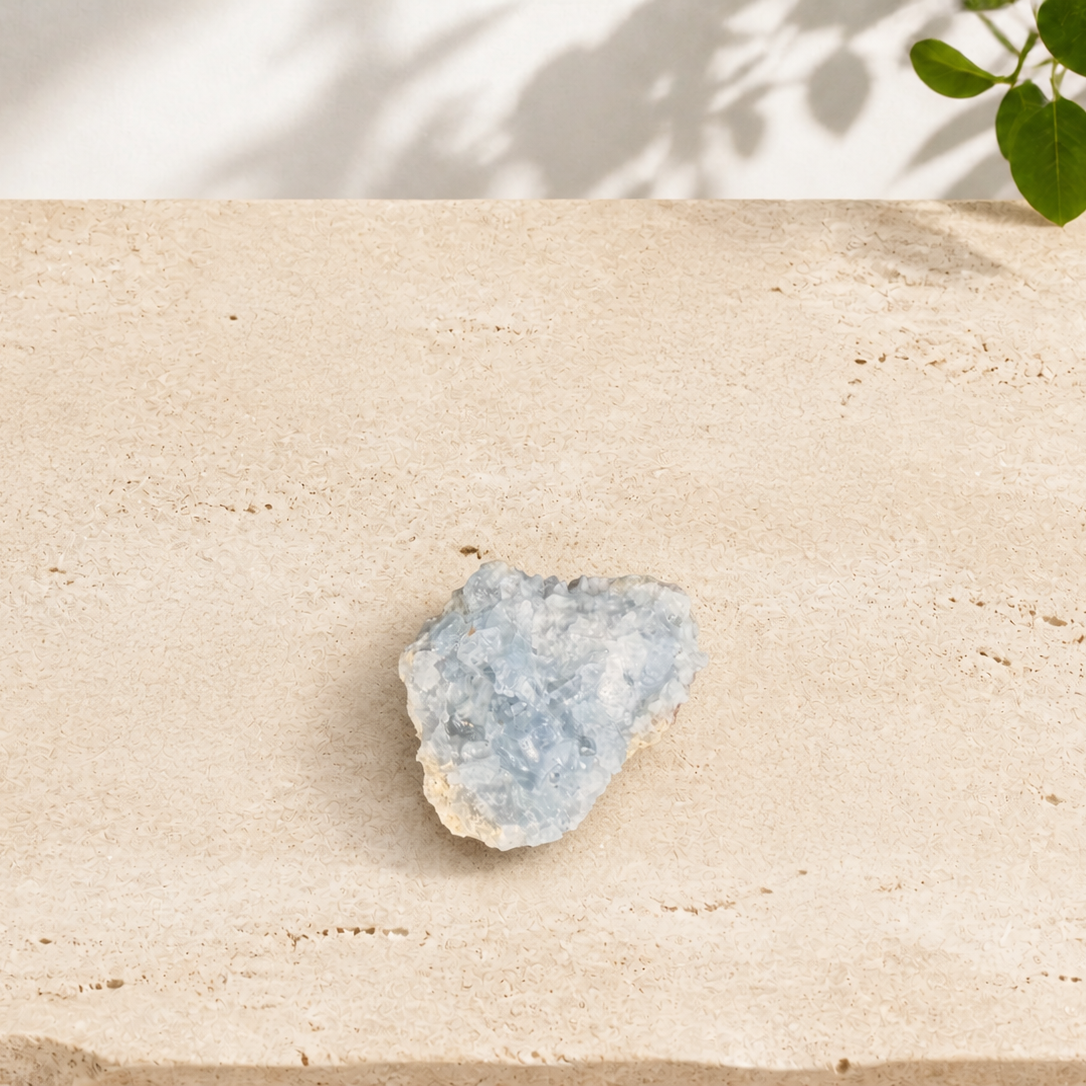 A single raw celestite cluster showing pale blue crystal points and its natural matrix.