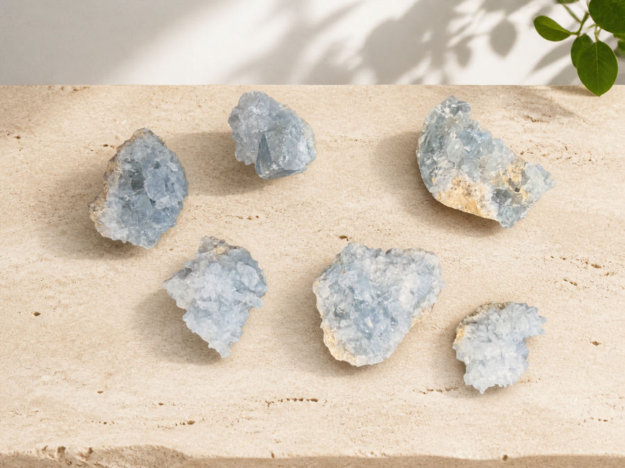 Six raw blue celestite clusters with pale blue crystal points on a cream stone surface.