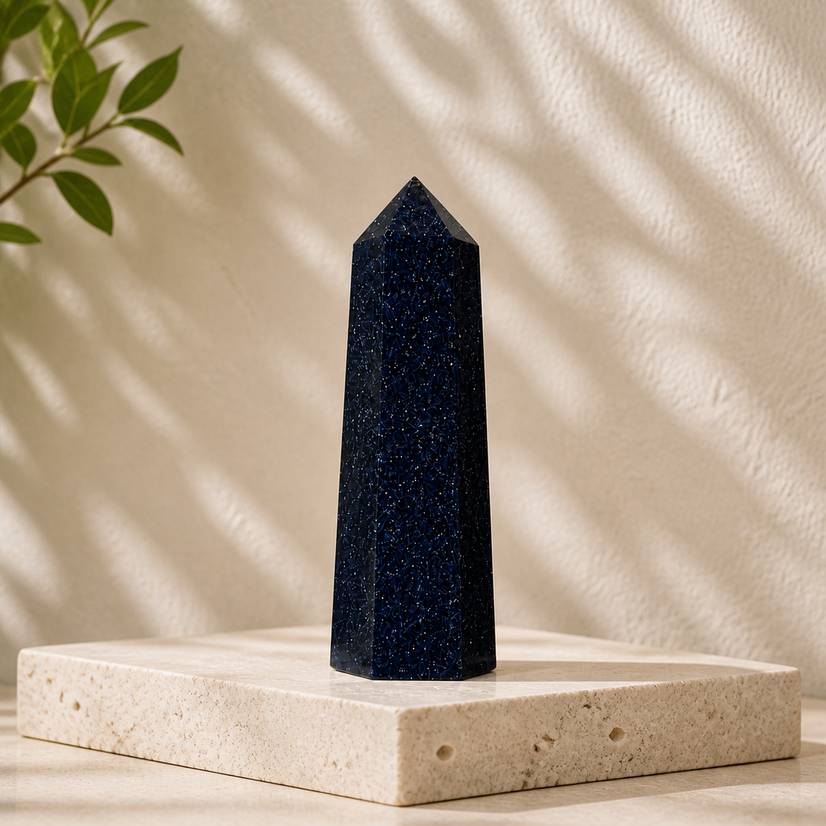 Single polished Blue Sandstone tower on a cream travertine slab
