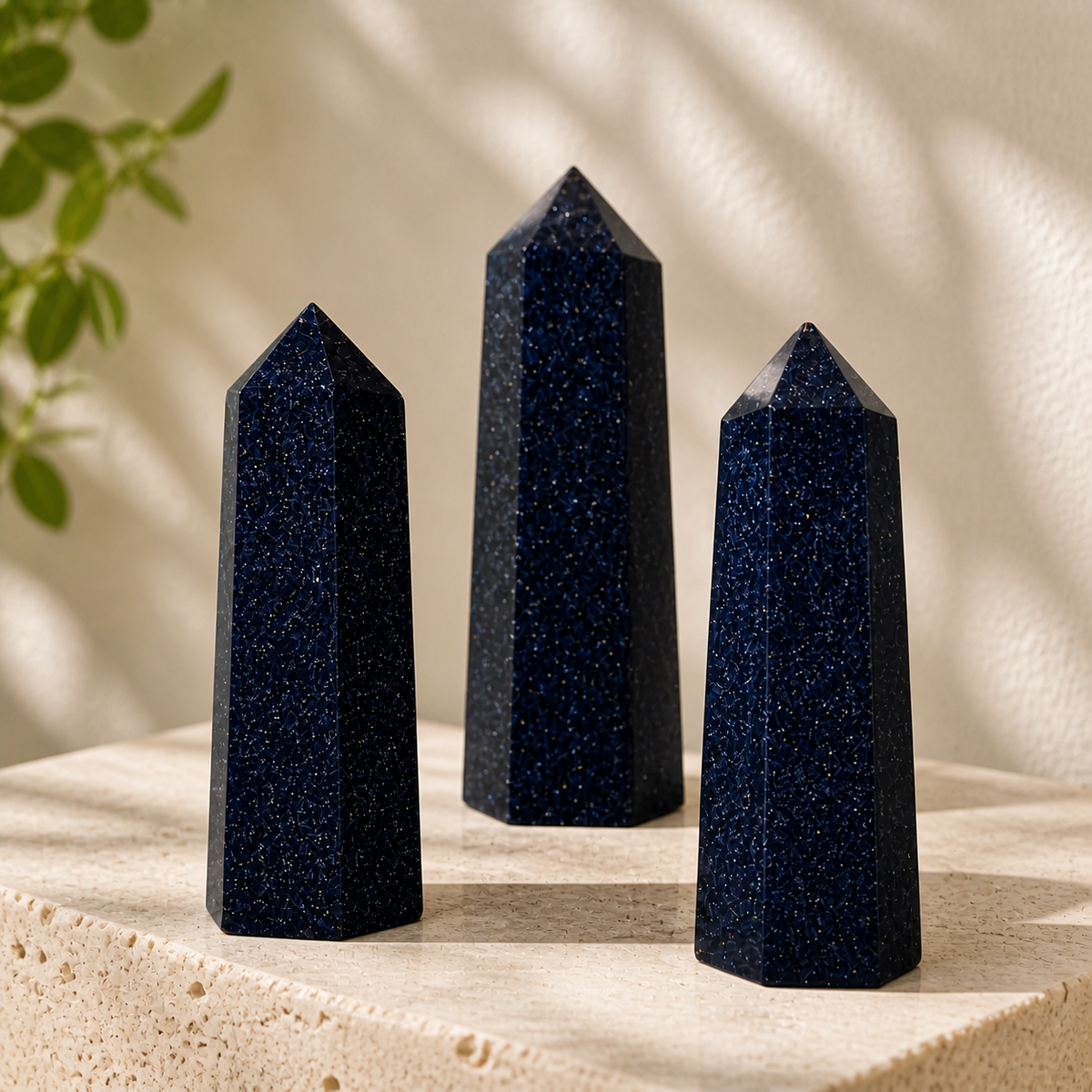 Close-up of three polished Blue Sandstone towers in natural light