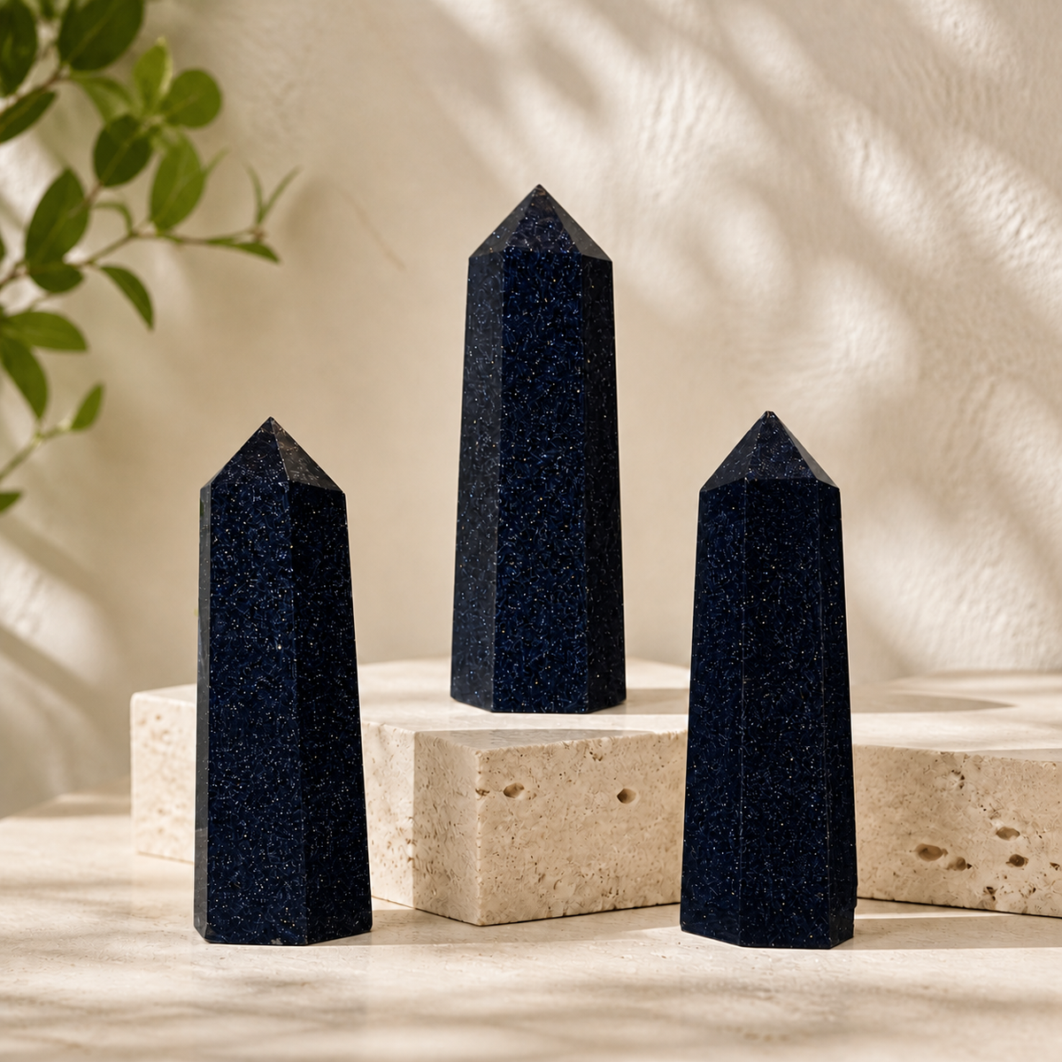 Three polished Blue Sandstone towers displayed on cream travertine blocks