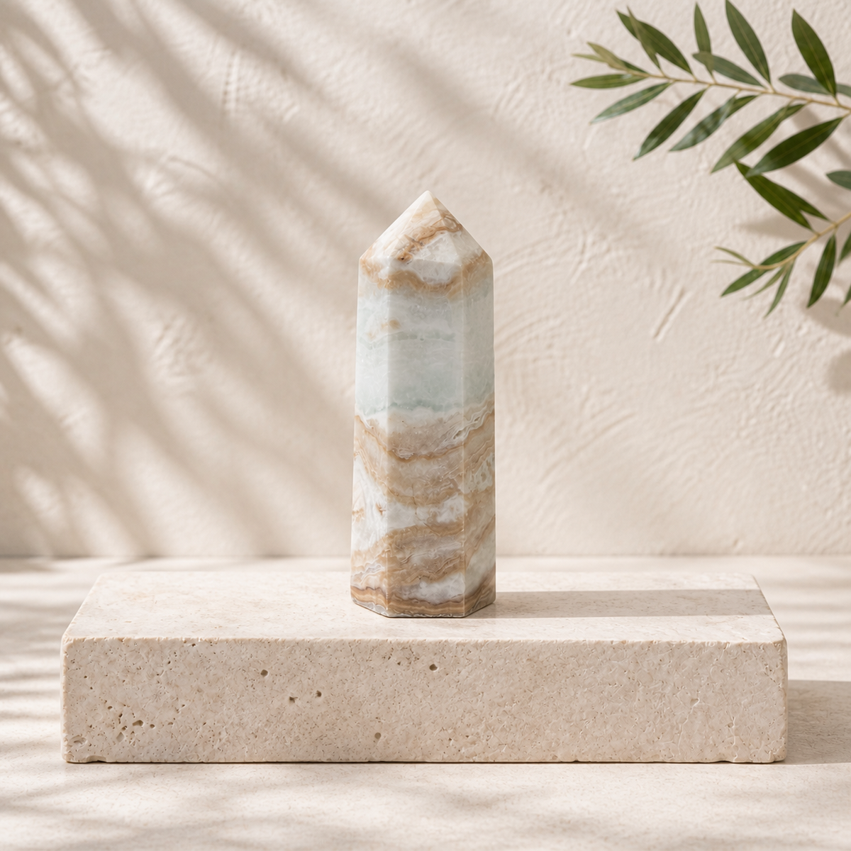 Caribbean Calcite tower CF with natural aqua, cream and tan banding