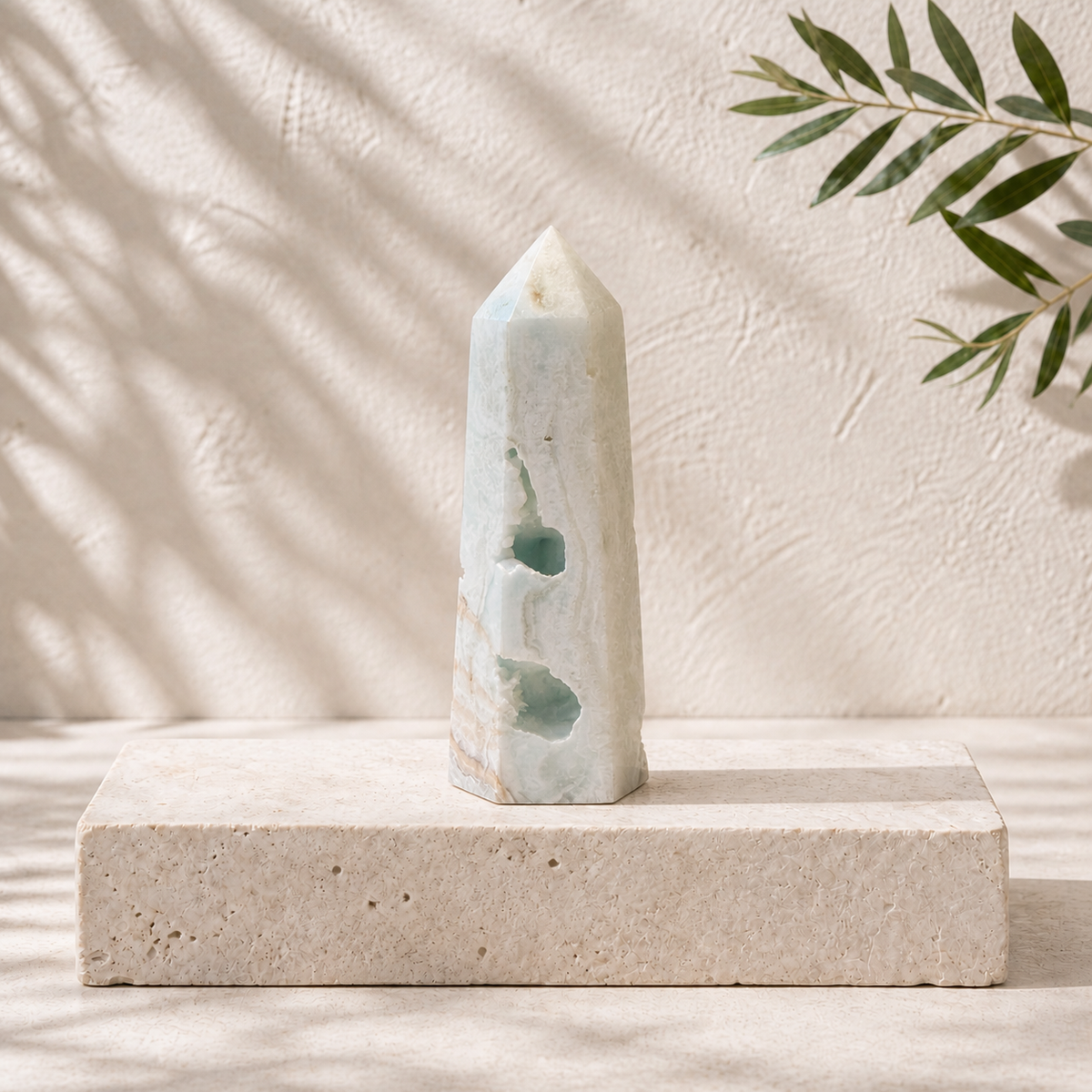 Caribbean Calcite tower CK with aqua druzy openings in natural light