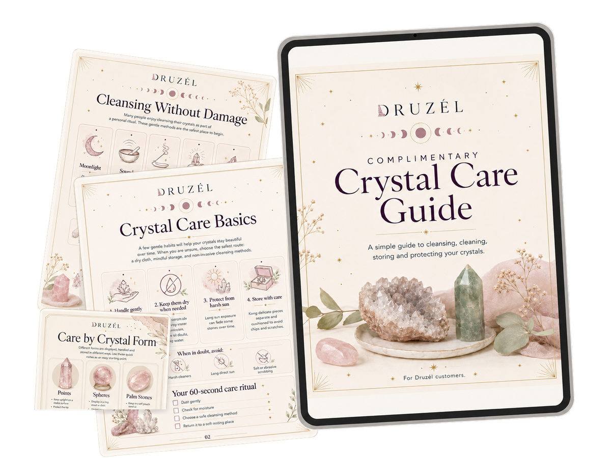Druzél Crystal Care Guide floating tablet and sample pages