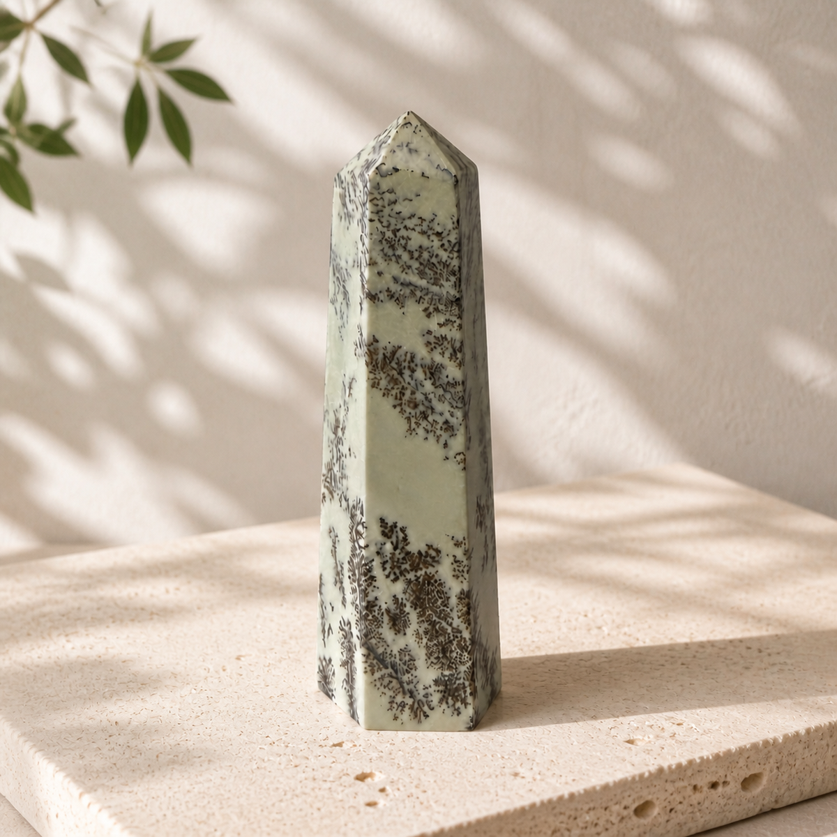 Dendritic Calcite tower DE angled detail view on a cream limestone slab