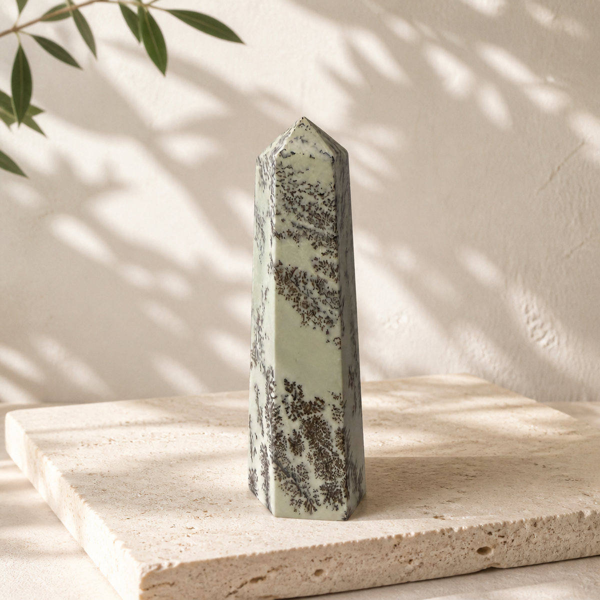 Dendritic Calcite tower DE front view with natural branch-like markings
