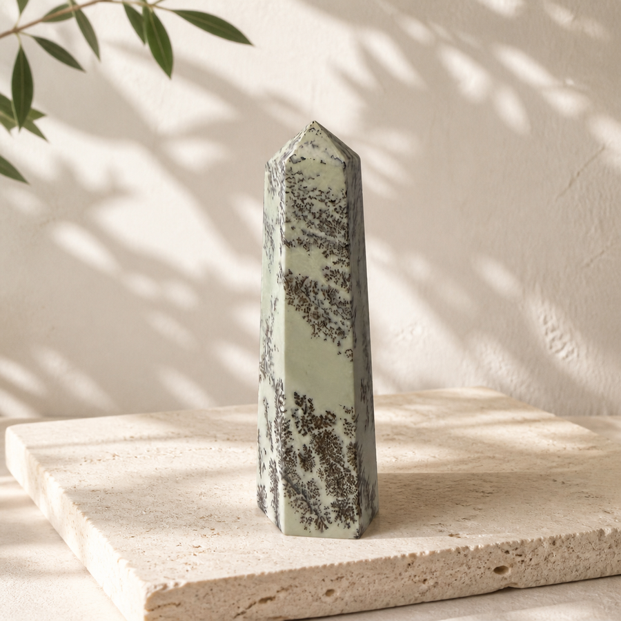 Dendritic Calcite tower DE front view with natural branch-like markings