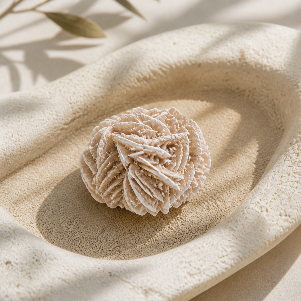 Raw Desert Rose selenite formation displayed in a sand-filled limestone tray