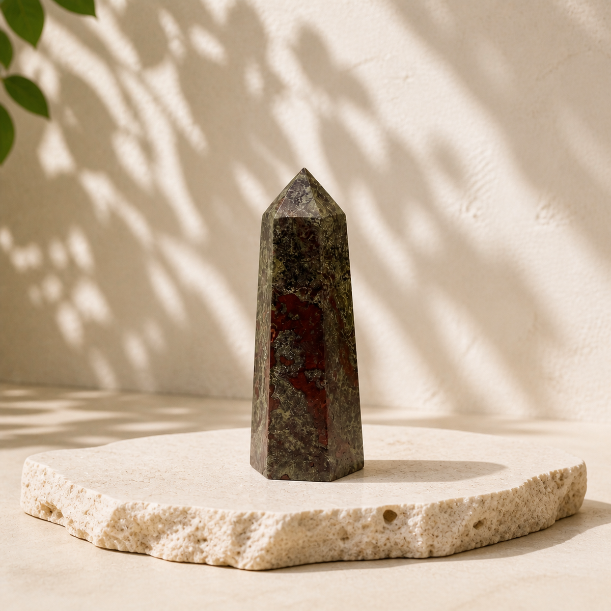 Dragon Blood Jasper tower BR on a cream stone slab