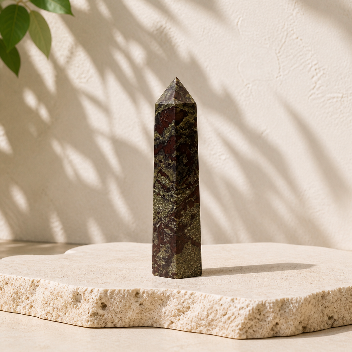 Dragon Blood Jasper tower BS on a cream stone slab