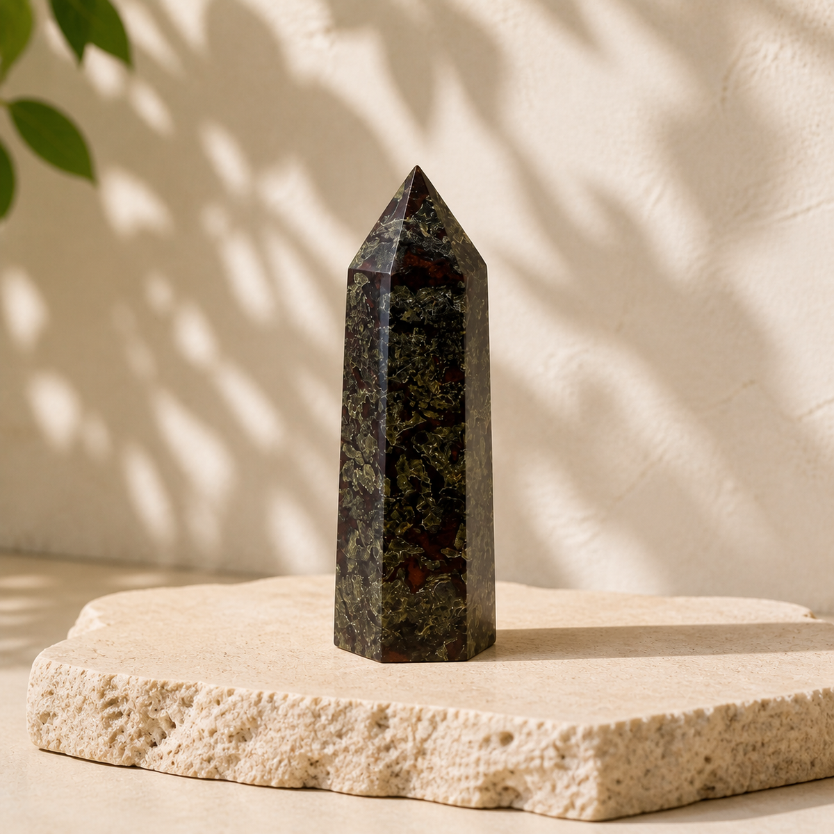 Dragon Blood Jasper tower BU on a cream stone slab