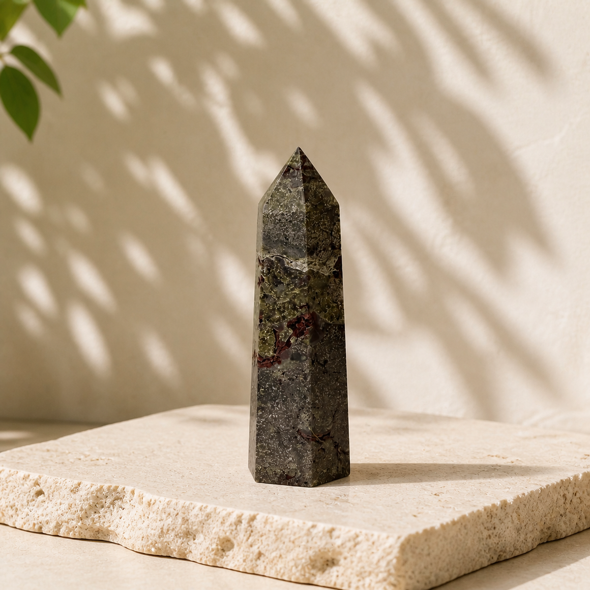 Dragon Blood Jasper tower BX on a cream stone slab