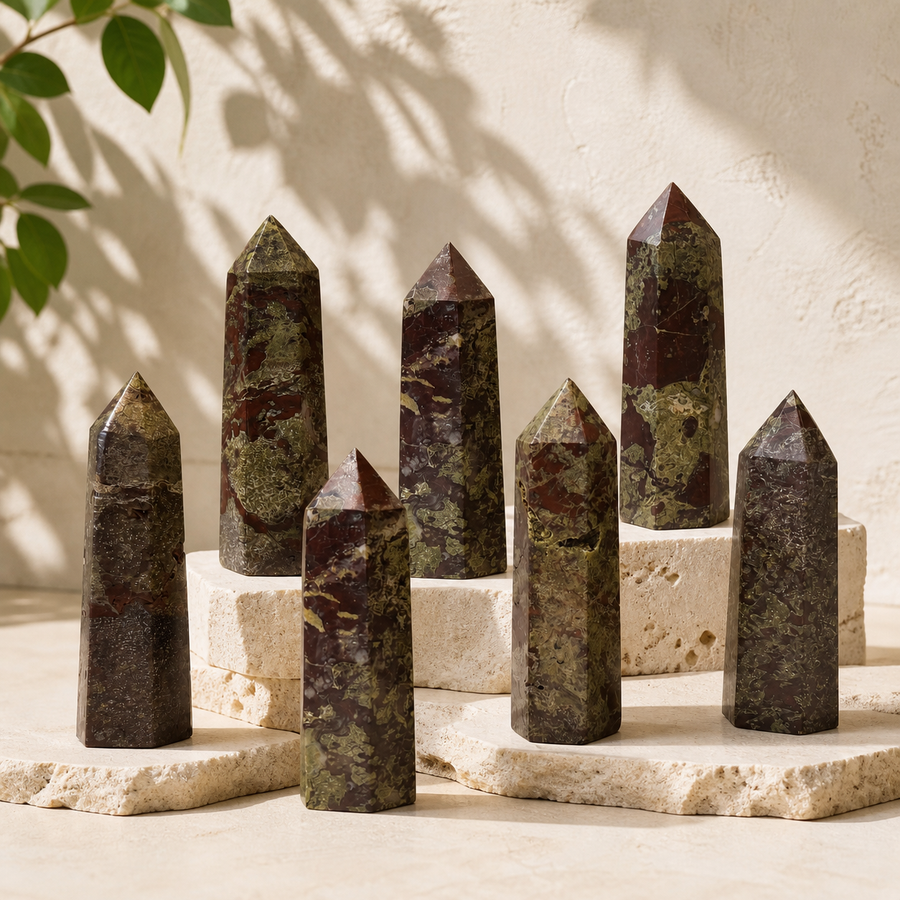 Dragon Blood Jasper towers arranged on warm stone blocks