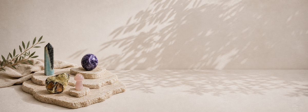 Four crystal forms on complete limestone slabs in an ultra-wide neutral natural-light scene