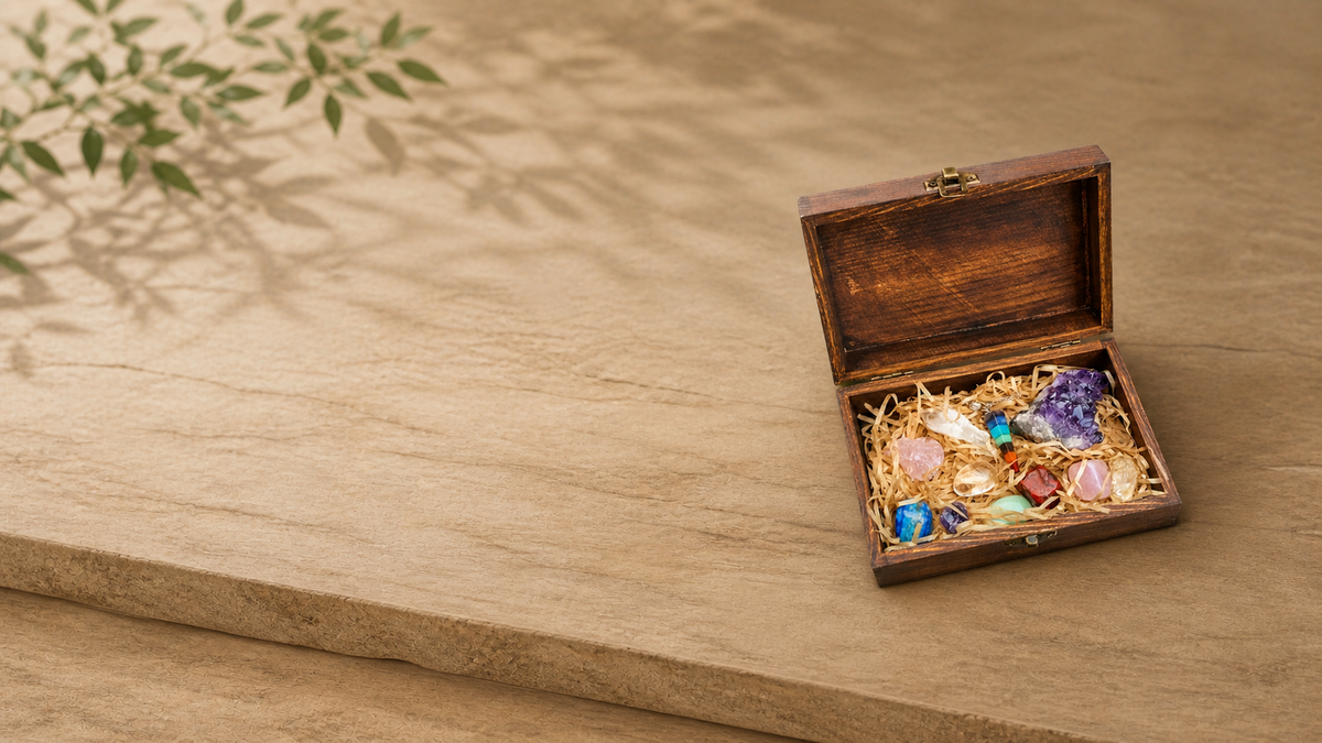 An open wooden chest of crystals, photographed with more surrounding space