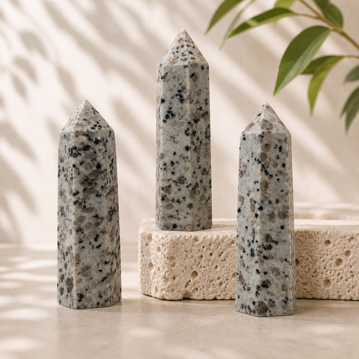 Close-up of three Kiwi Jasper towers with black speckles and grey inclusions