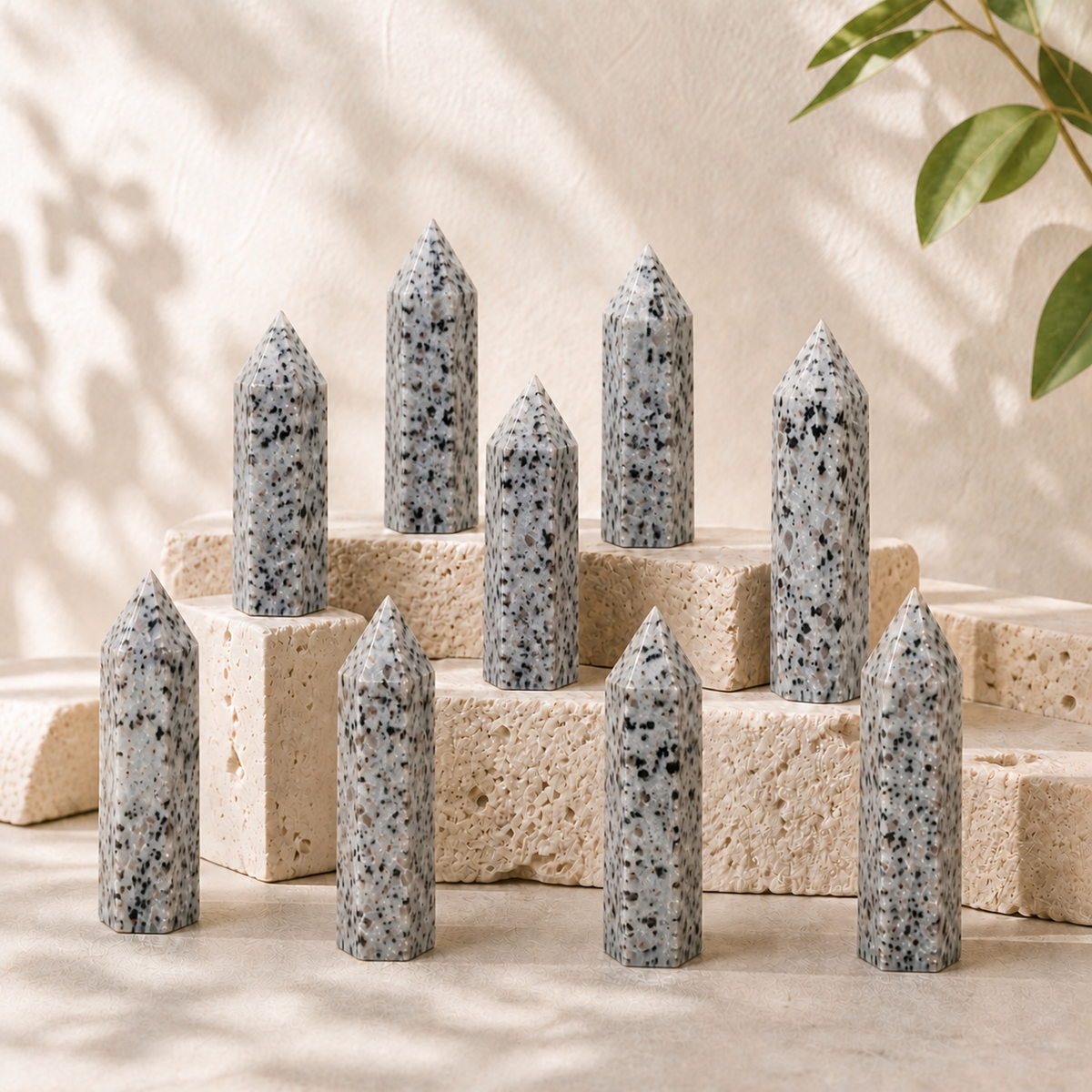 Kiwi Jasper towers arranged on cream limestone blocks in natural light