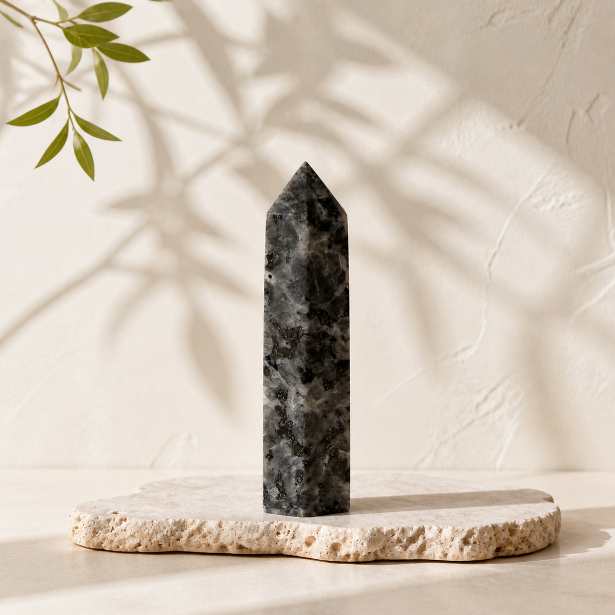 Single polished Larvikite tower showing charcoal patterning and silver flash