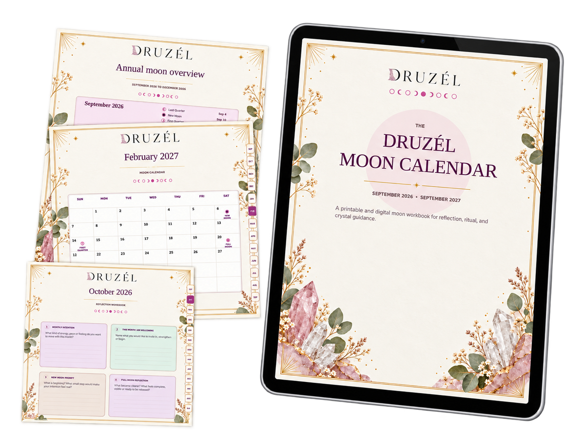 Druzél Moon Calendar displayed on an iPad alongside calendar and reflection pages