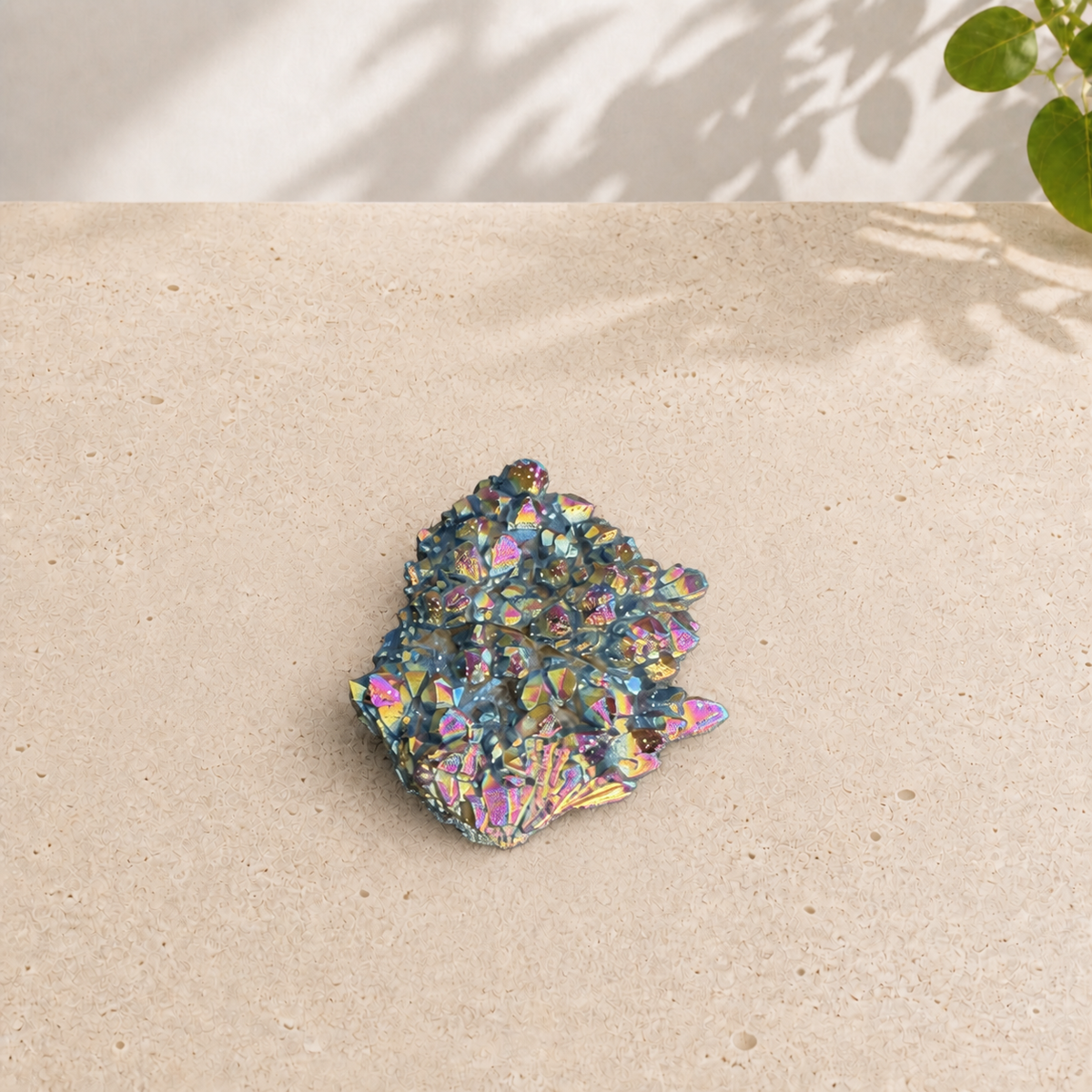 A rainbow aura quartz cluster showing its metallic multicoloured crystal points on cream stone.
