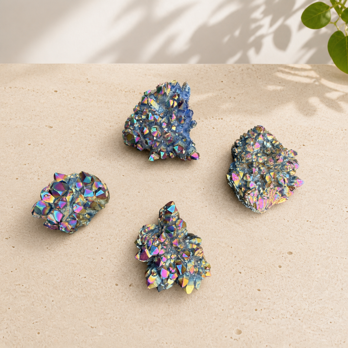 Four rainbow aura quartz clusters with iridescent blue, gold and pink points on cream stone.