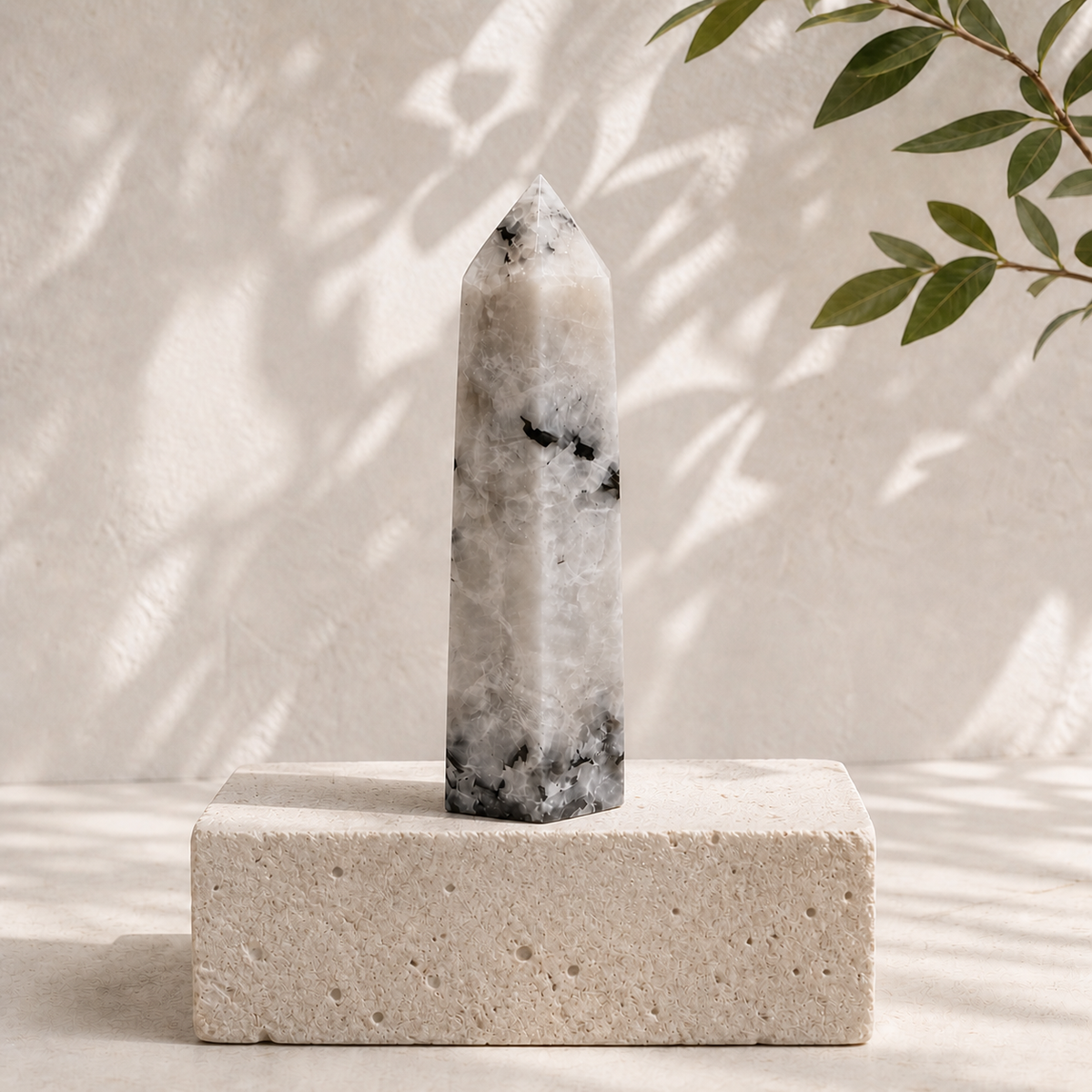 Large Rainbow Moonstone tower with natural black mineral inclusions