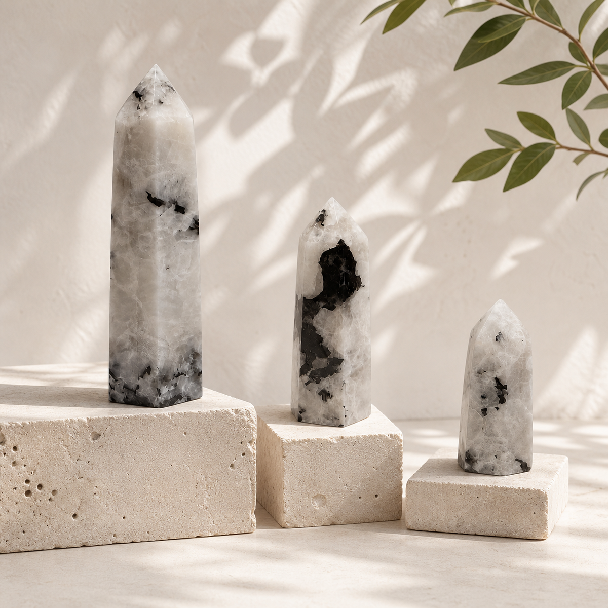 Rainbow Moonstone towers in Small, Medium and Large sizes