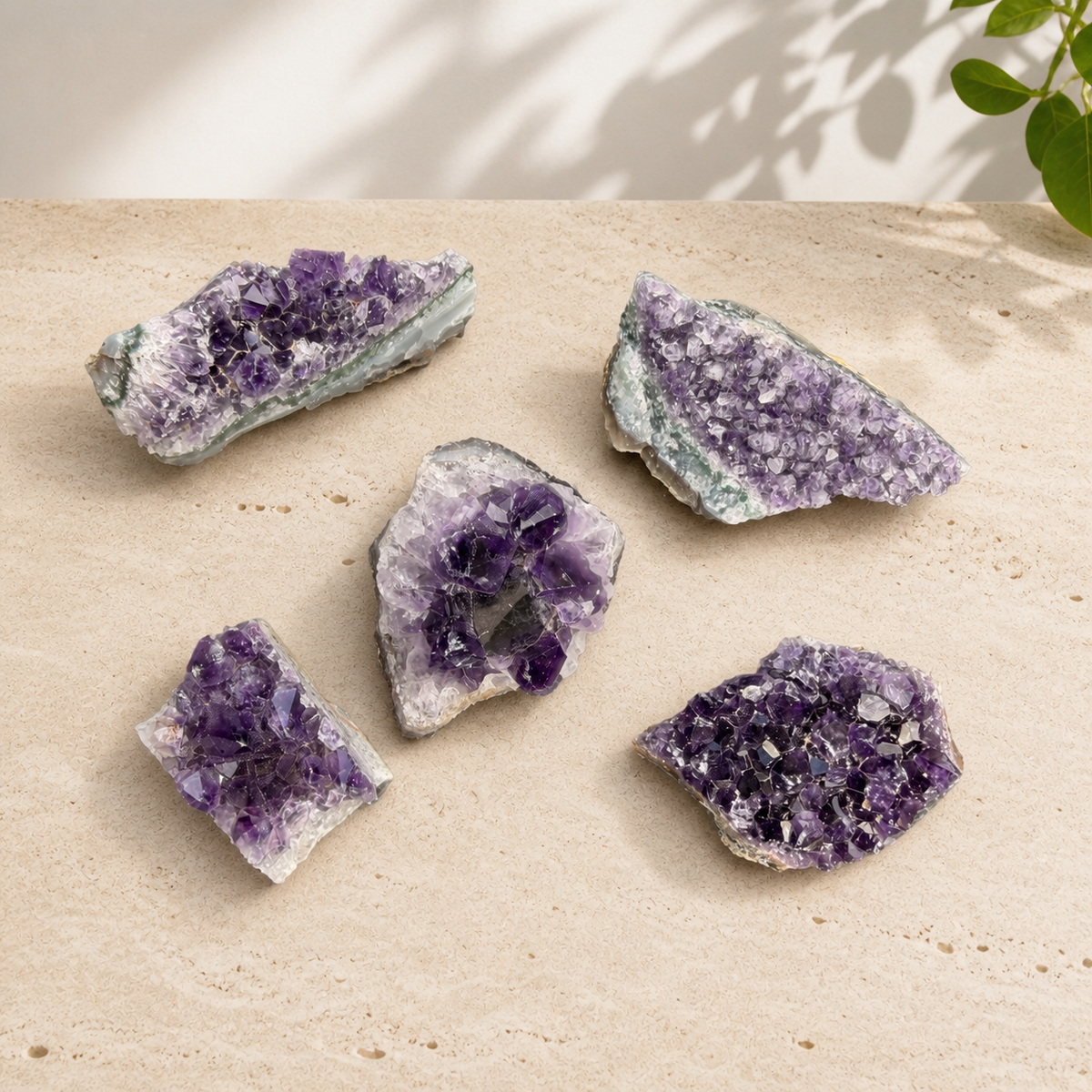 Five raw amethyst clusters showing purple crystal points and natural matrix on a cream stone surface.