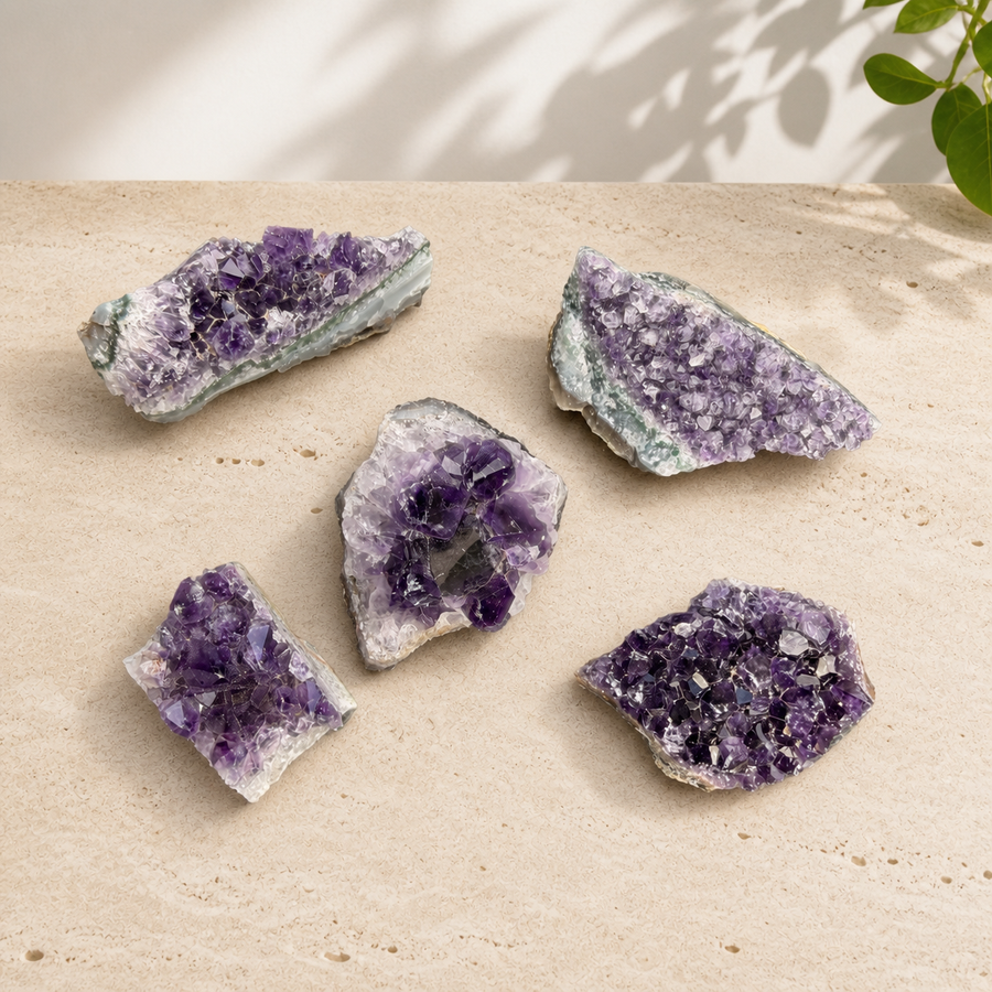 Five raw amethyst clusters showing purple crystal points and natural matrix on a cream stone surface.