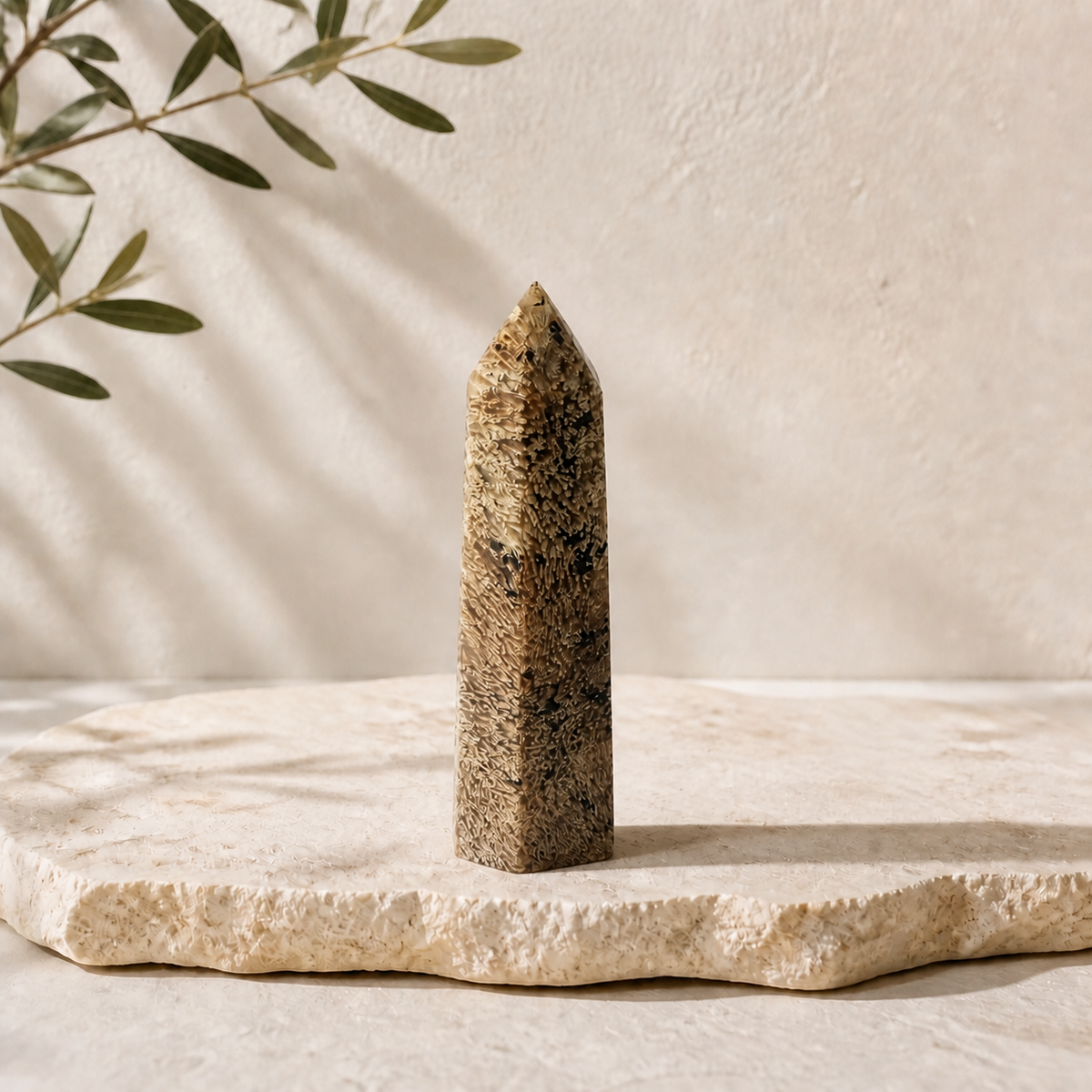 Rutilated Agate tower RA displayed upright on a cream stone slab