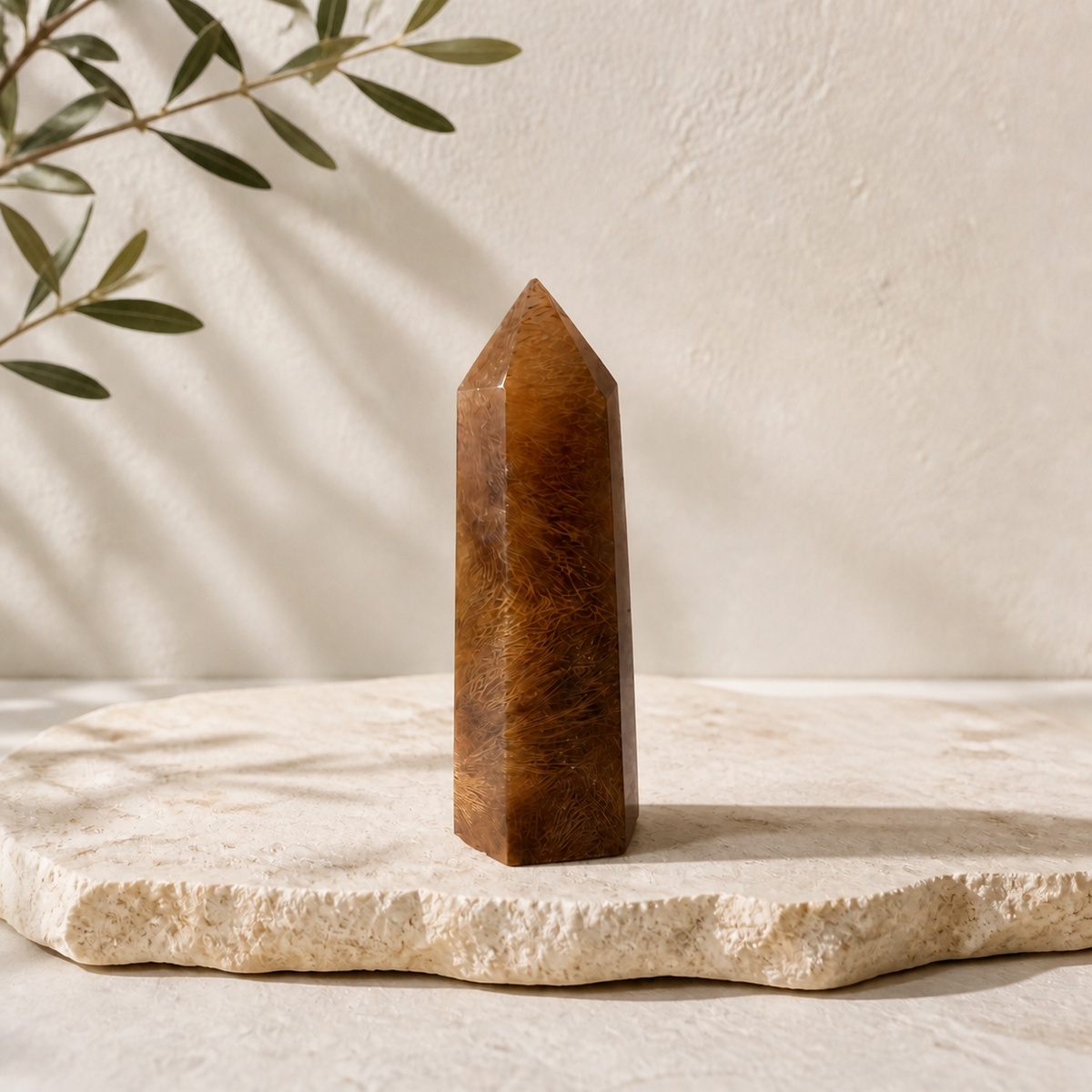 Rutilated Agate tower RB displayed upright on a cream stone slab
