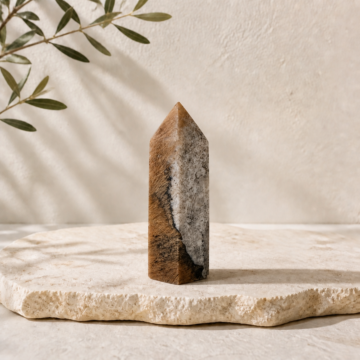 Rutilated Agate tower RC displayed upright on a cream stone slab
